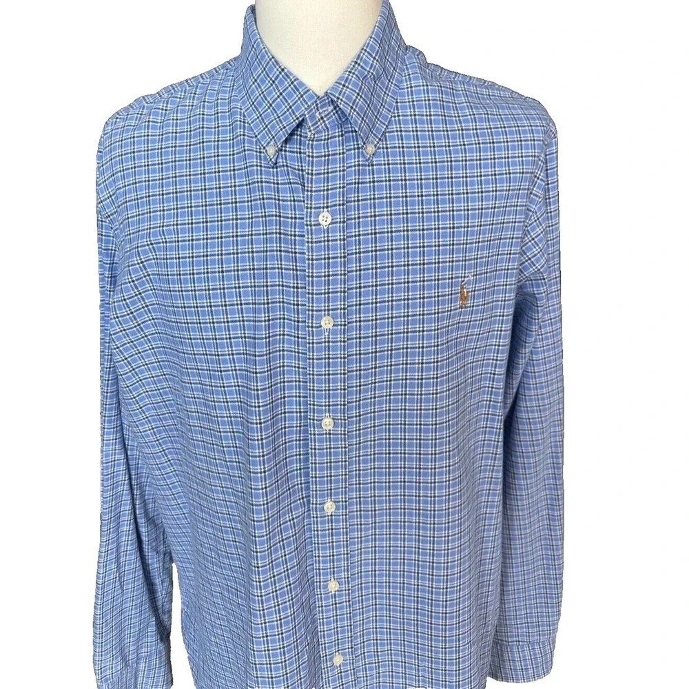 Ralph Lauren Blue White Plaid Long‎ Sleeve Button Down Shirt Cotton Mens XXL
